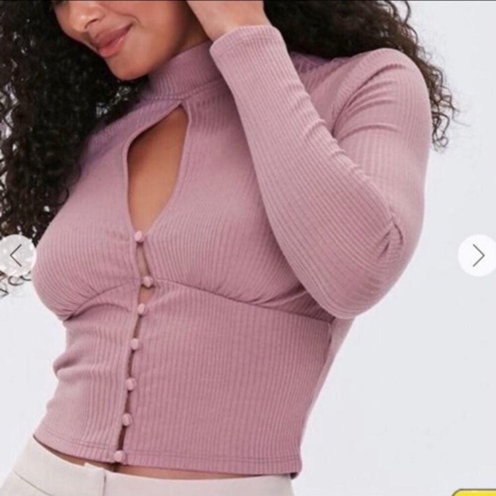 Forever 21 Ribbed Mock Neck Keyhole Button Front Long Sleeve Top Mauve Small